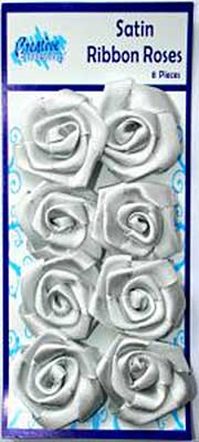 SO: Satin Ribbon Roses Silver pk 8