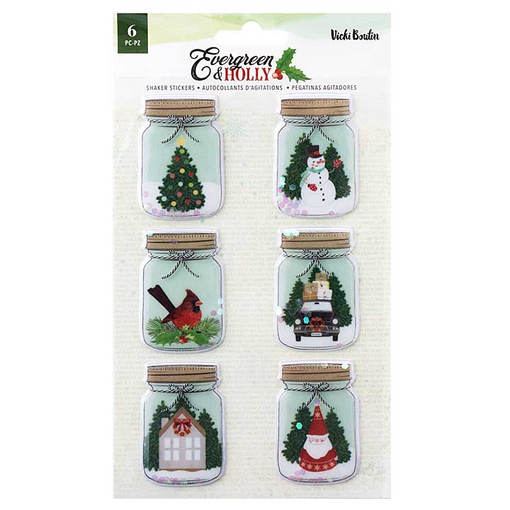 Vicki Boutin Evergreen and Holly Shaker Stickers 6pk - Mason Jar