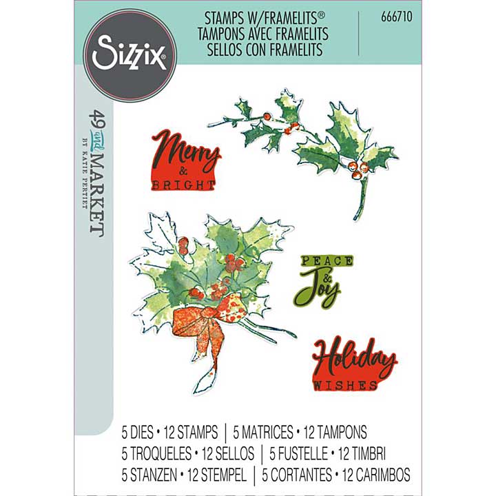 Sizzix A5 Clear Stamps With Framelits Die By 49 And Market - Pencil Line Holly