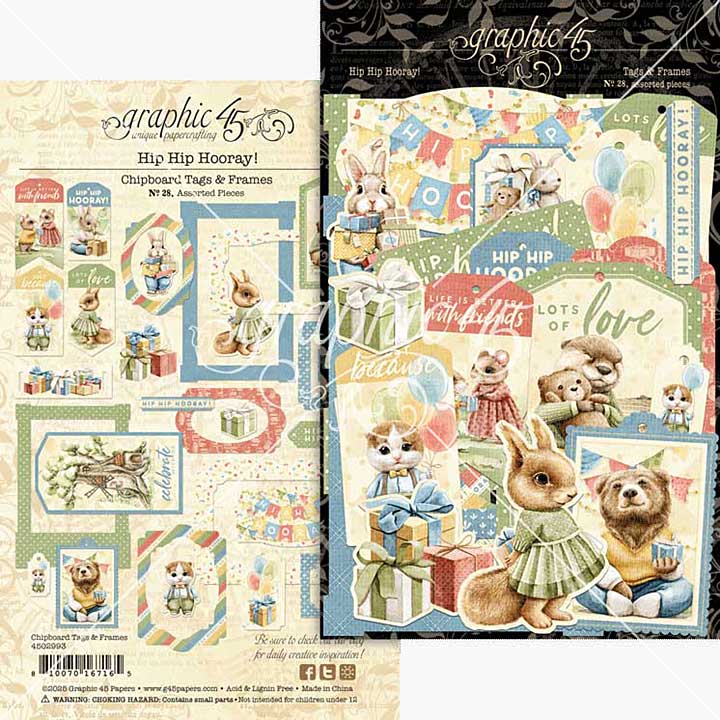 Graphic 45 Hip Hip Hooray Chipboard Pieces, Tags and Frames