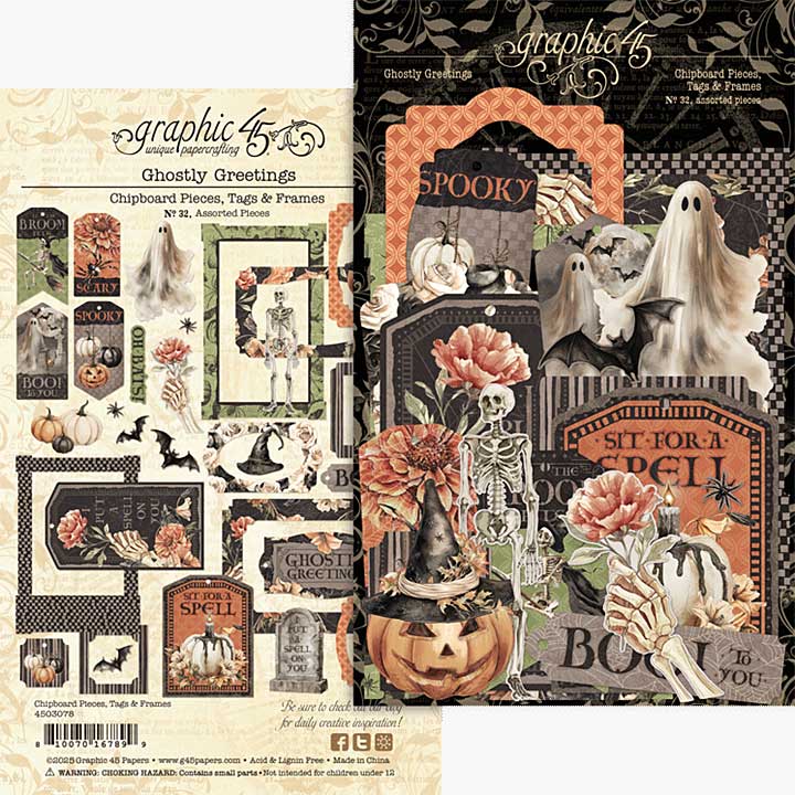 Graphic 45 Ghostly Greetings Chipboard Pieces, Tags and Frames