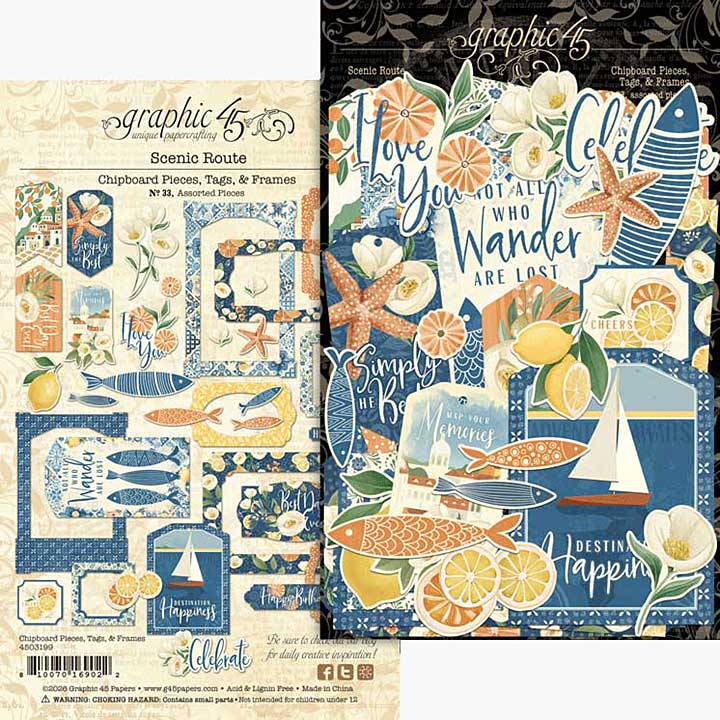 Graphic 45 Scenic Route Chipboard Pieces, Tags and Frames