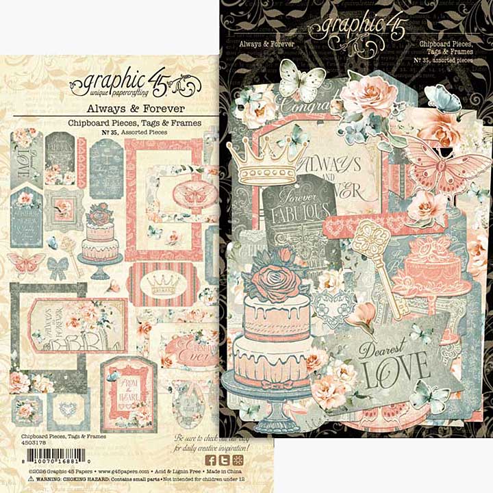 Graphic 45 Always and Forever Chipboard Pieces, Tags and Frames