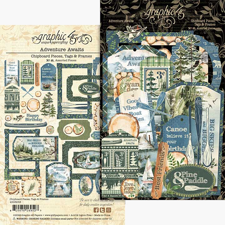 Graphic 45 Adventure Awaits Chipboard Pieces, Tags and Frames