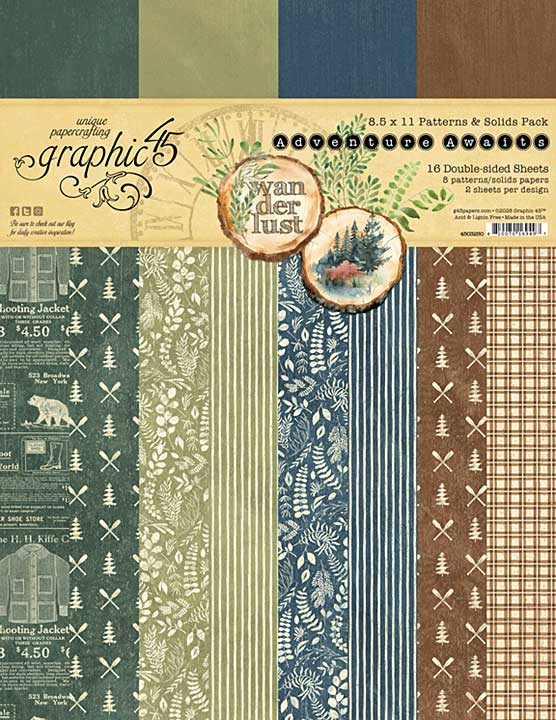 Graphic 45 Adventure Awaits 8,5x11 Inch Patterns and Solids Pack