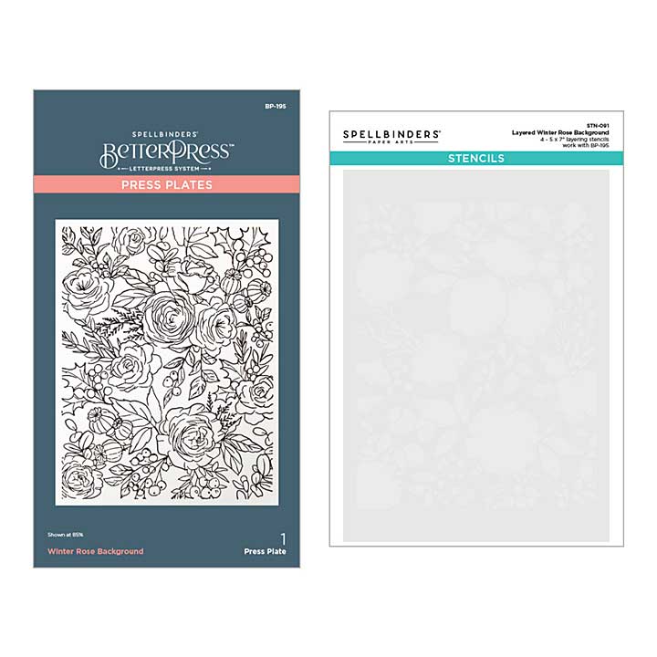 Spellbinders Press Plates Stencil - Winter Rose Background BetterPress and Stencil Bundle