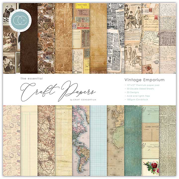 Craft Consortium Double-Sided Paper Pad 12x12 30pk - Vintage Emporium, 20 Designs