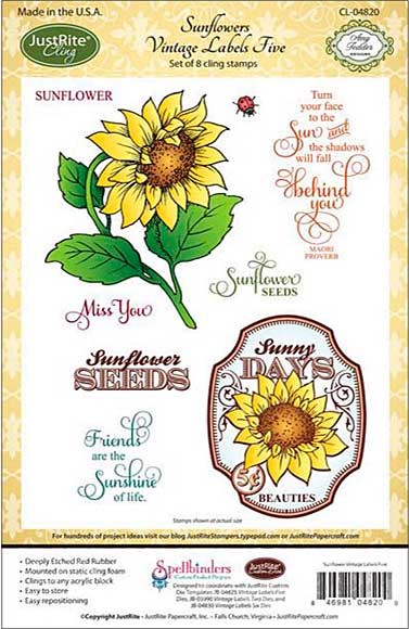 SO: JustRite Papercraft Cling Stamp Set 5.5x8.5 - Sunflower Vintage Labels 5 8pcs