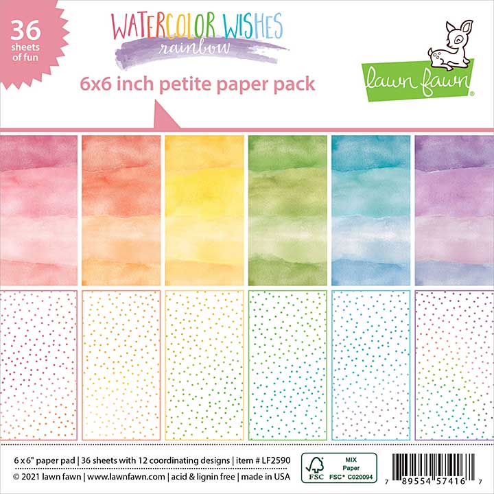 Lawn Fawn Single-Sided Petite Paper Pack - Watercolor Wishes Rainbow, (12 Designs 6x6, 36pk)