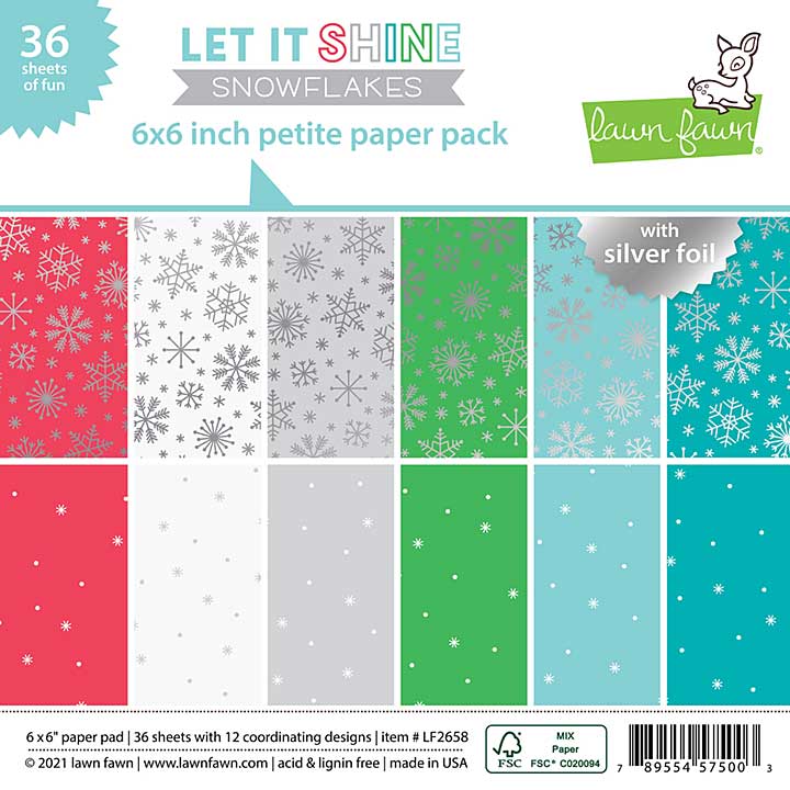 Lawn Fawn Single-Sided Petite Paper Pack 6x6 36pk - Let It Shine Snowflakes, with Silver Foil