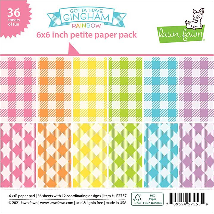 SO: Lawn Fawn Single-Sided Petite Paper Pack 6X6 36Pkg - Gotta Have Gingham Rainbow, 12 Designs
