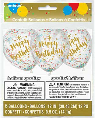 SO: Printed Balloons 12 inc Round - Happy Birthday Gold with Assorted Confetti (6pk)