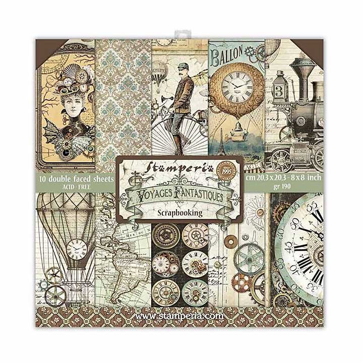 SO: Stamperia Mini Scrapbooking Pad 10 Double Sided Sheets (8x8) Voyages Fantastiques