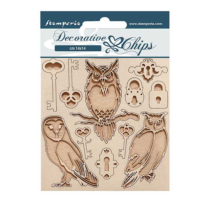 Stamperia Vintage Library Decorative Chips Keys and Owls (SCB168)