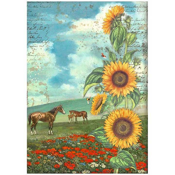 Stamperia A4 Rice Paper Sunflower Art And Horses