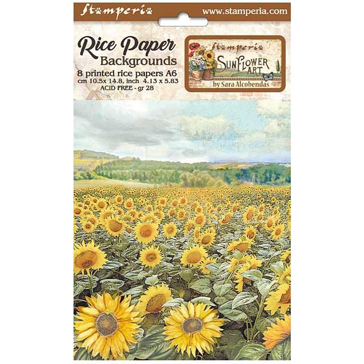 SO: Stamperia Selection of 8 A6 Rice Paper Backgrounds Sunflower Art