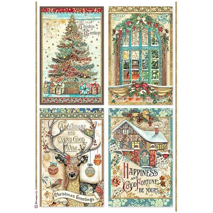 SO: Stamperia A4 Rice Paper Christmas Greetings 4 Cards
