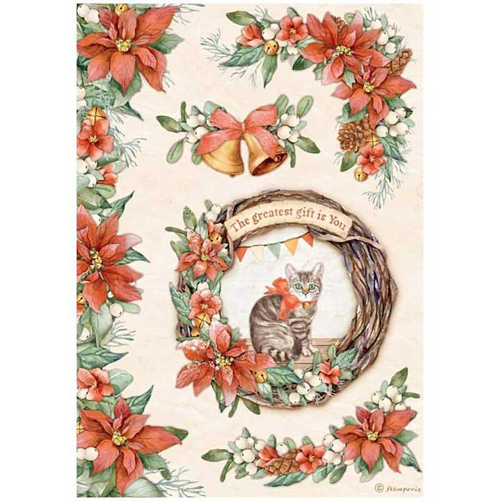 Stamperia A4 Rice Paper All Around Christmas Garland With Cat