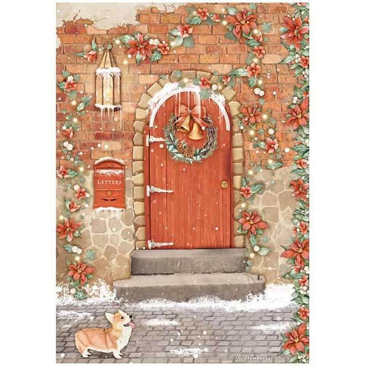 Stamperia A4 Rice Paper All Around Christmas Red Door