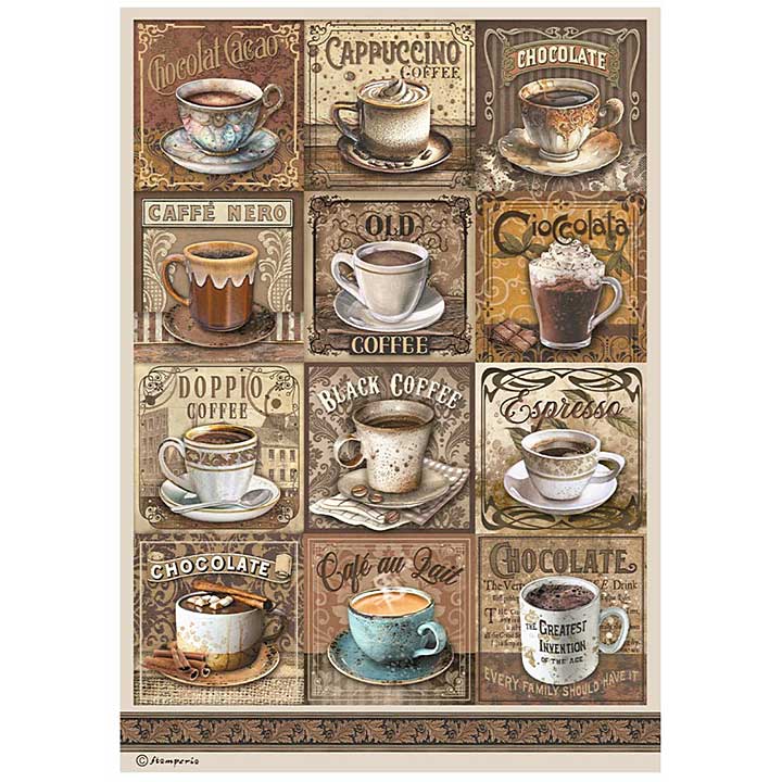 Stamperia A4 Rice Paper Coffee and Chocolate Tags With Cups