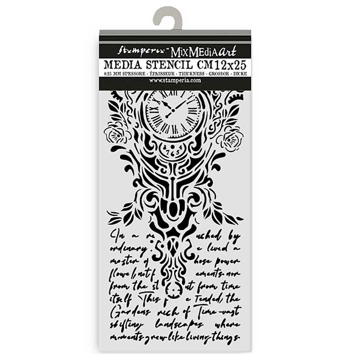 Stamperia Gardens of Time Thick Stencil 12x25cm Clock and Writing by Antonis Tzanidakis