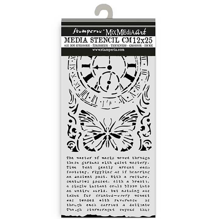 Stamperia Gardens of Time Thick Stencil 12x25cm Clock and Butterfly by Antonis Tzanidakis