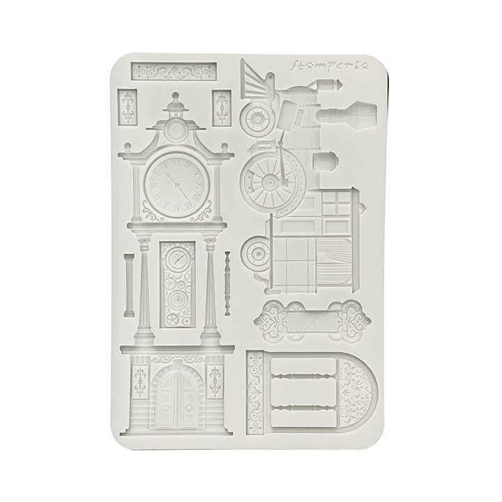 Stamperia Gardens of Time A5 Silicon Mould Train and Longcase Clock by Antonis Tzanidakis