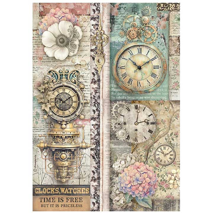 Stamperia Gardens of Time A4 Rice Paper Clocks Time is Free (6pcs) by Antonis Tzanidakis