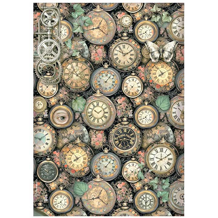 Stamperia Gardens of Time A4 Rice Paper Clock Pattern (6pcs) by Antonis Tzanidakis
