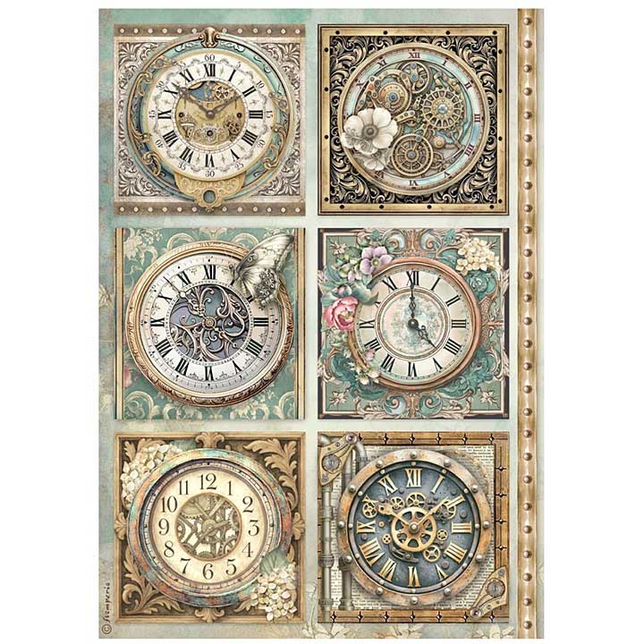 Stamperia Gardens of Time A4 Rice Paper 6 Clocks (6pcs) by Antonis Tzanidakis