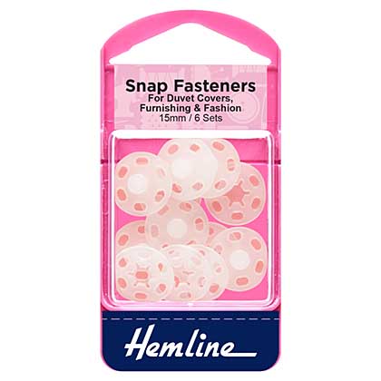 Hemline Snap Fasteners, Sew-on Clear Plastic, 15mm (Pack of 6)