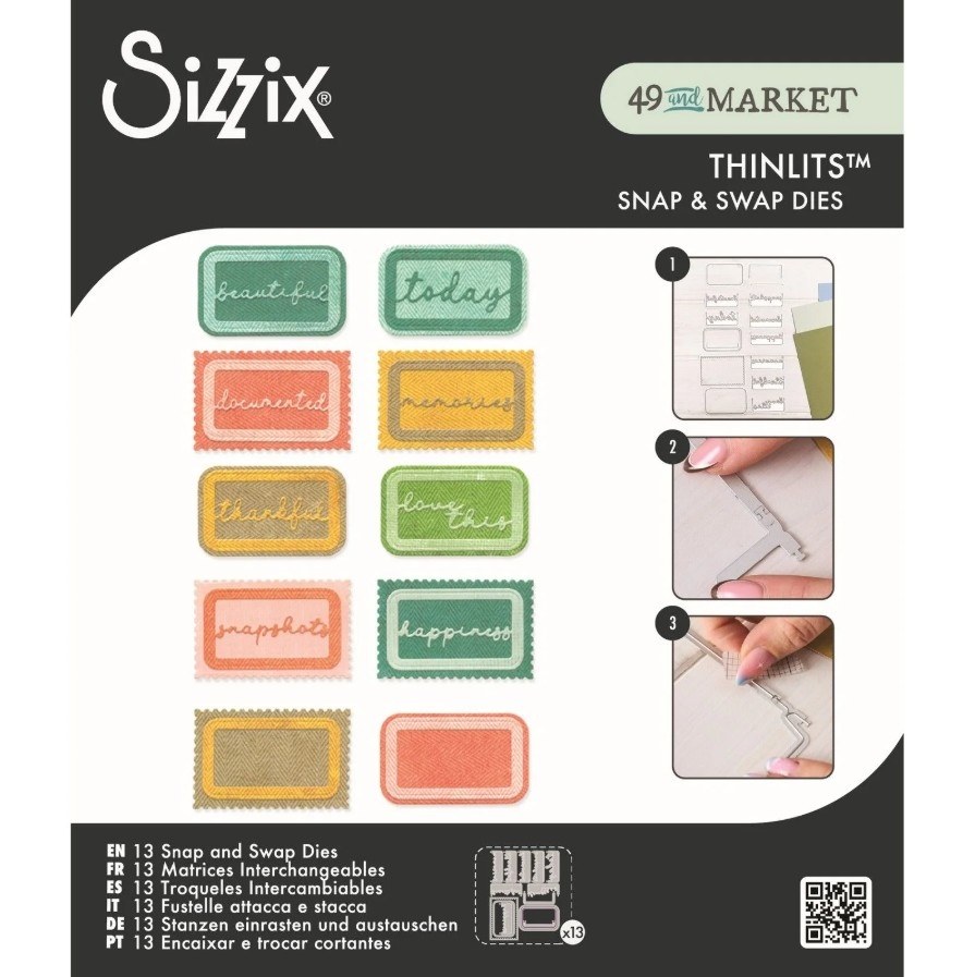 Sizzix Thinlits Die Set Snap and Swap Postage Label by 49 and Market, 13 interchangeable dies