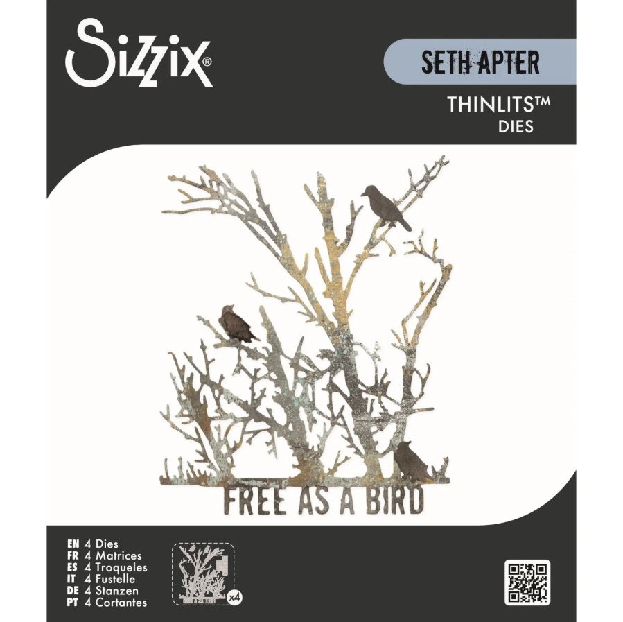 Sizzix Thinlits Die Set Free Bird by Seth Apter, a 4 piece set of bird and tree silhouette dies